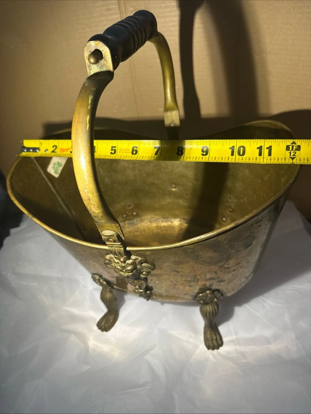 Solid copper and brass coal handle lions head footed made in Ireland 12”x13”x9”